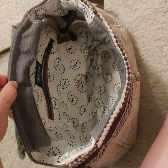 MYRA BAG - Crossbody/backpcCanvas Cowhide Med Shoulder Bag, Gray Brown and Beige - Picture 3 of 12